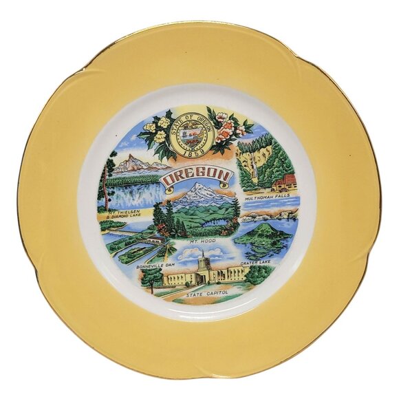 Unknown Other - Vintage Oregon Souvenir Plate With Scenic Landmarks & Yellow Border